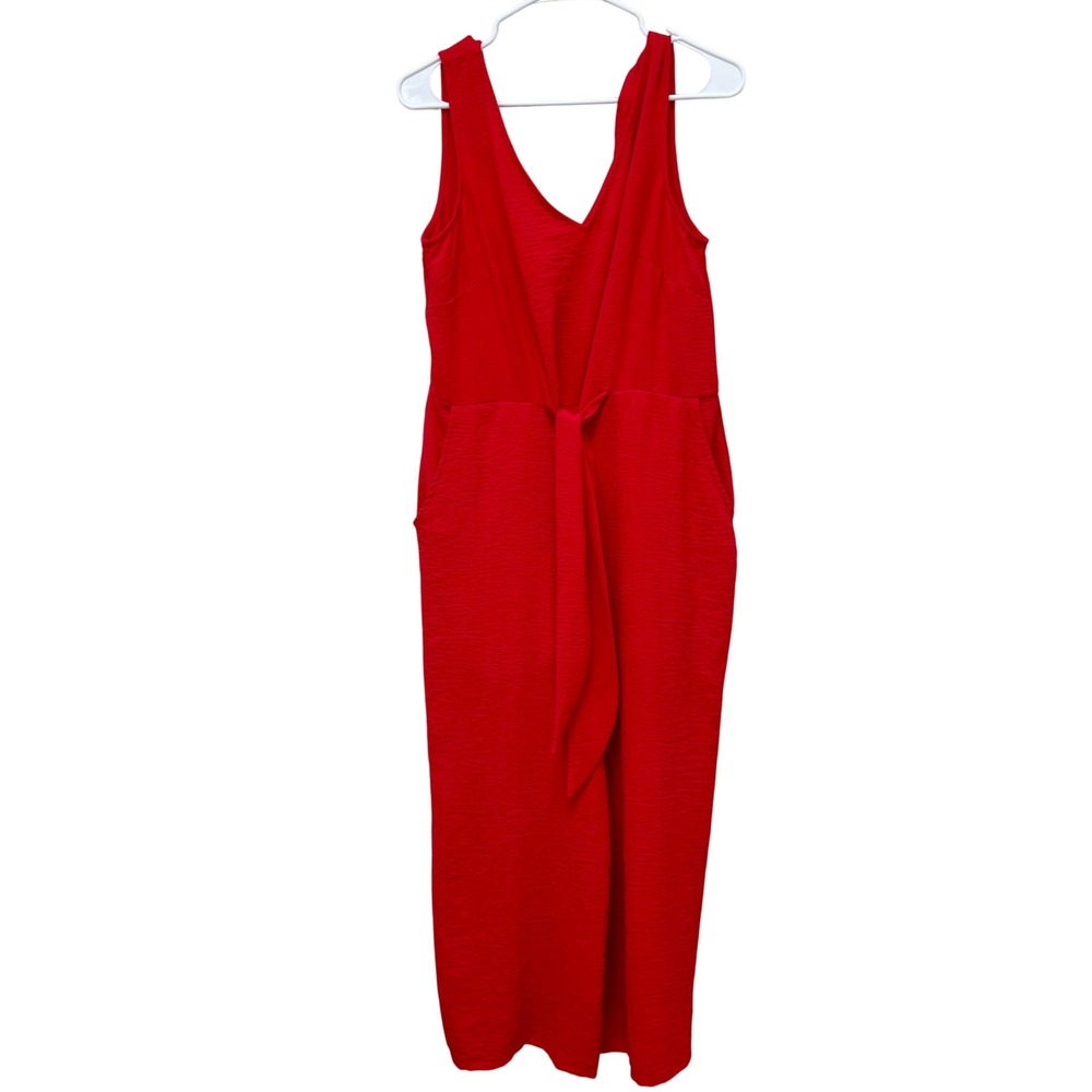 MSK Womens Red Sleeveless V-Neck Tie Front Crepe Jumpsuit Size M Pockets Modern